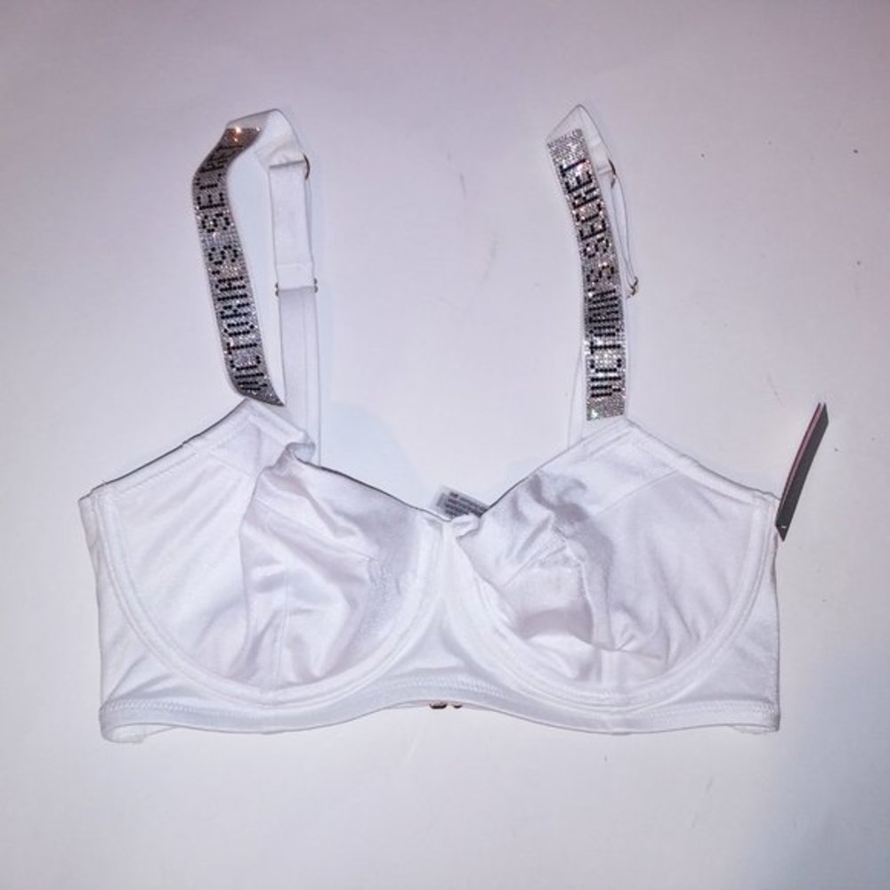 Victoria Secret Swim Bikini Top 32DD‎ White Shine Strap Bling Logo Solid New - Picture 8 of 10